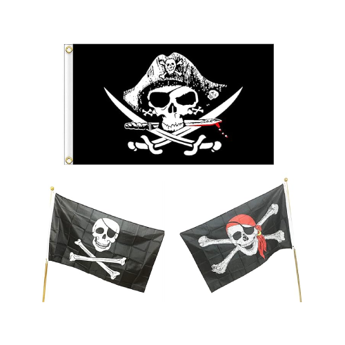 Banderas piratas con calavera y espadas cruzadas.