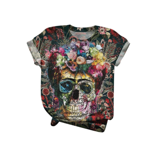 Camiseta calavera floral diseño colorido