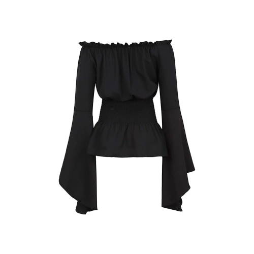 Blusa negra sin hombros con mangas acampanadas.