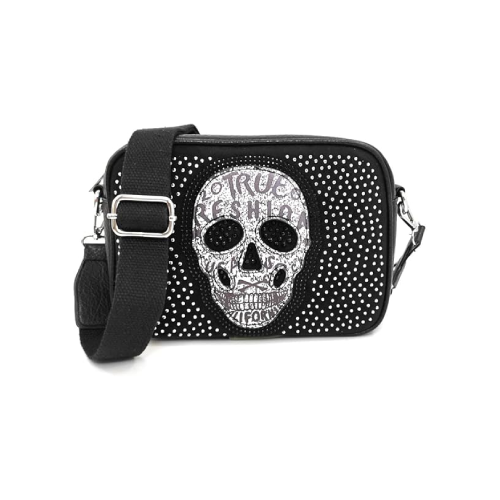Bolso negro con calavera y tachuelas brillantes