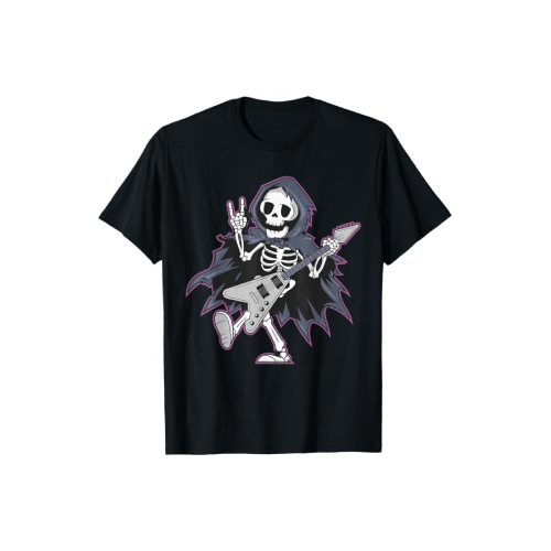 Camiseta esqueleto tocando guitarra, diseño rockero.