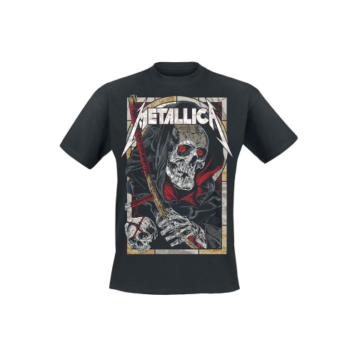 Camiseta negra con diseño de calavera y guadaña.
