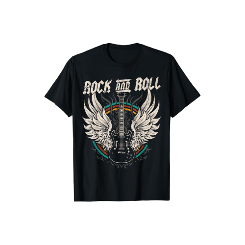 Camiseta negra con guitarra y diseño rockero.