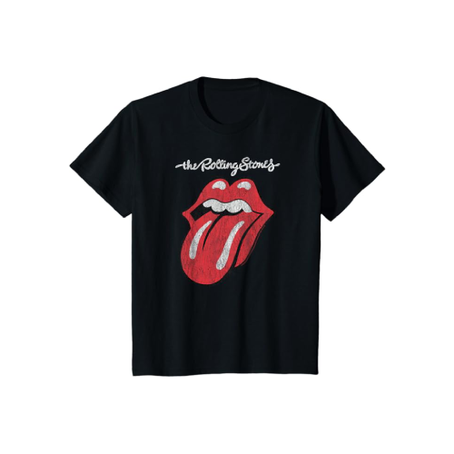 Camiseta negra con logo de lengua roja.