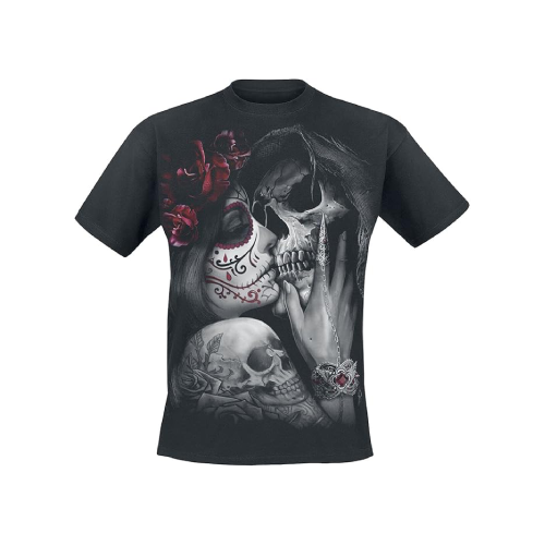 Camiseta negra con diseño de calavera romántica
