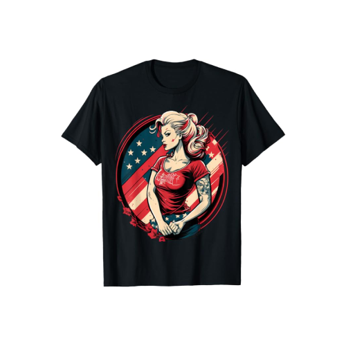 Camiseta negra con diseño mujer y bandera americana