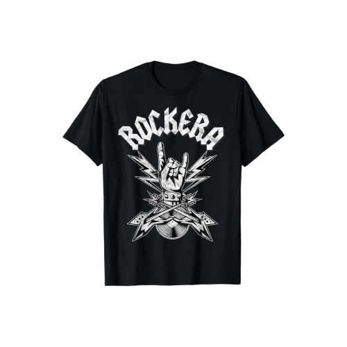 Camiseta rockera negra con diseño de mano metálica.