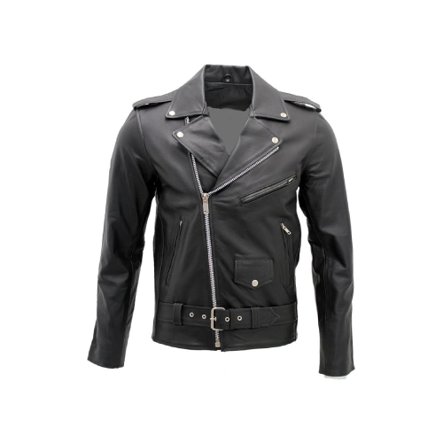 Chaqueta negra de cuero con cremalleras y botones.