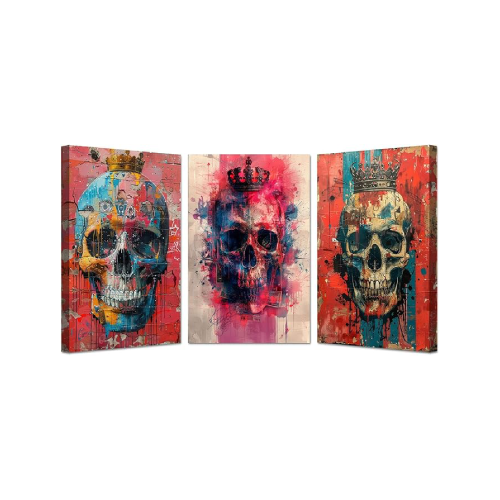 Tríptico de calaveras con coronas, estilo colorido.