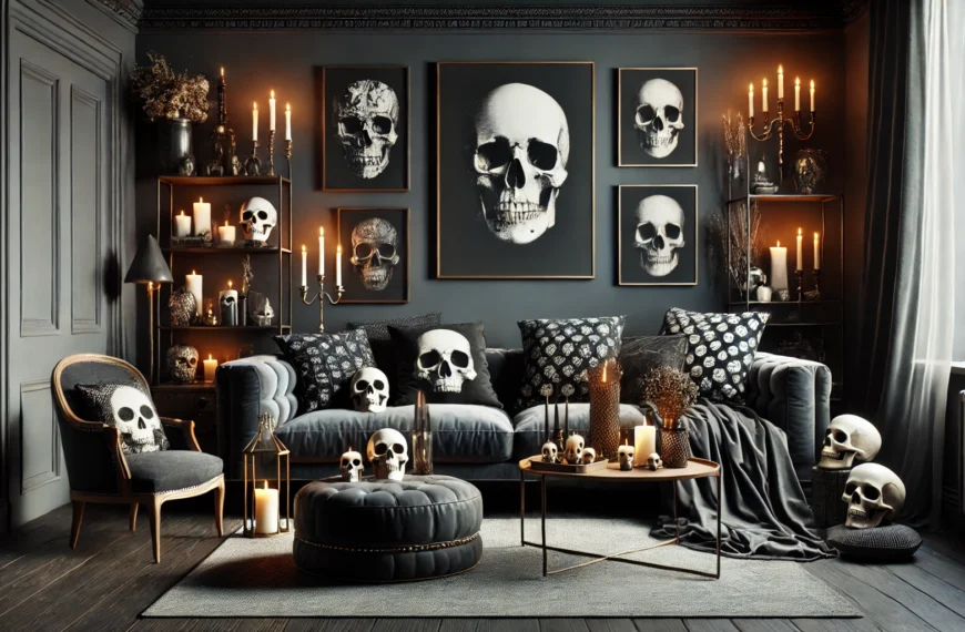 Sala decorada con cráneos y velas encendidas