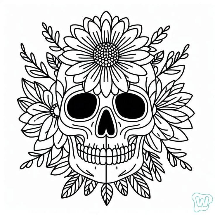 Calavera con flores y hojas decorativas.