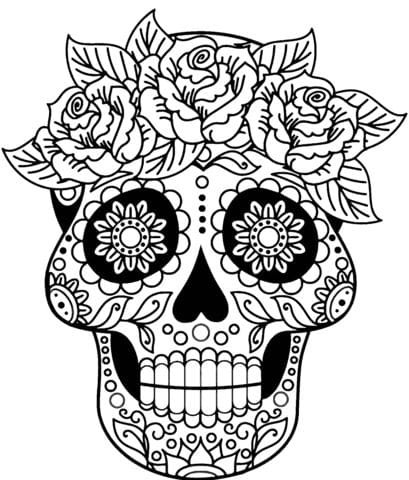 Calavera mexicana con flores y diseños detallados.