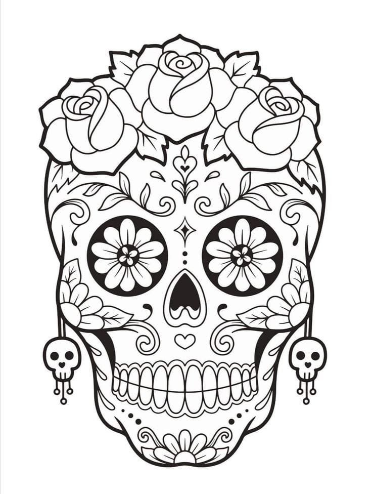 Calavera decorada con flores y rosas.