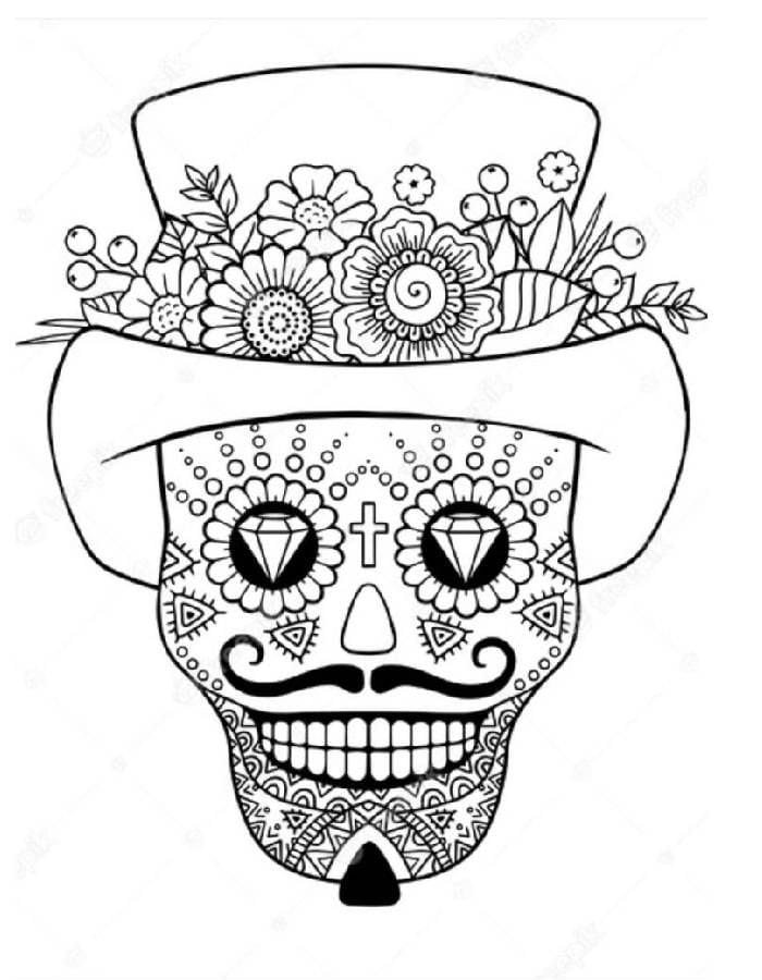 Calavera con sombrero y flores, estilo Día de Muertos.