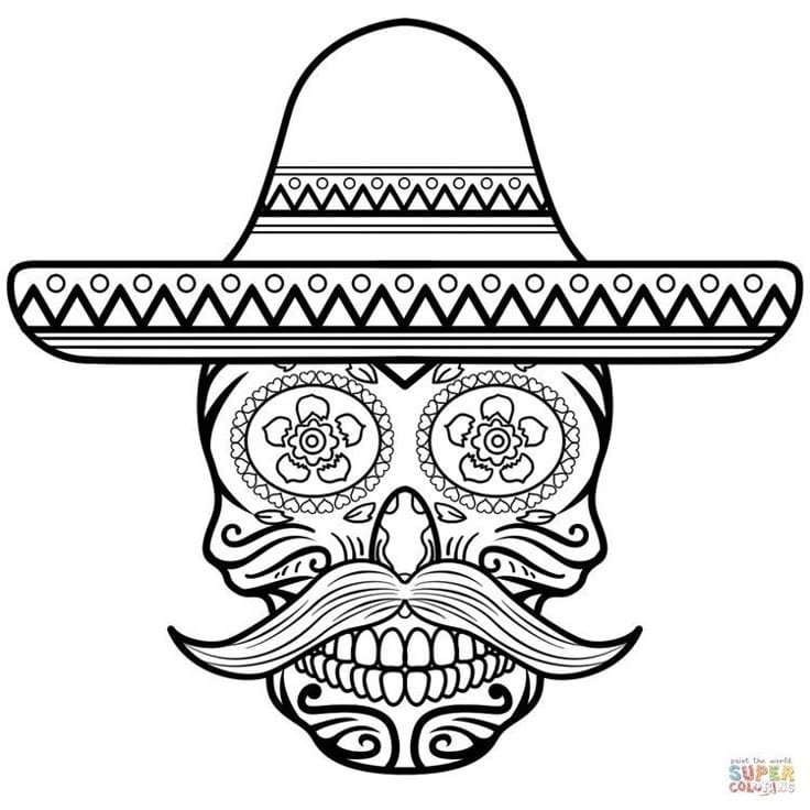 Calavera mexicana con sombrero y bigote decorativo.