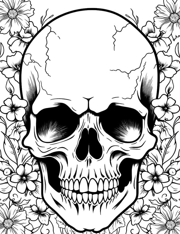 Calavera rodeada de flores en blanco y negro.