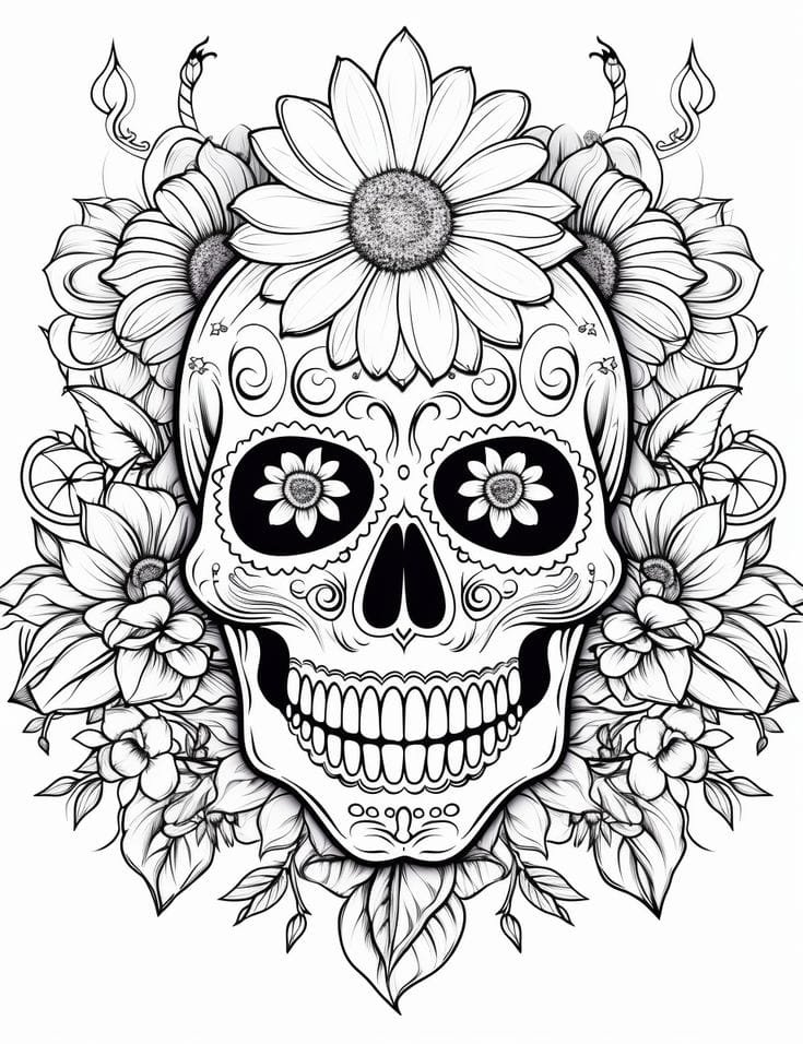 Calavera decorada con flores y patrones intrincados.