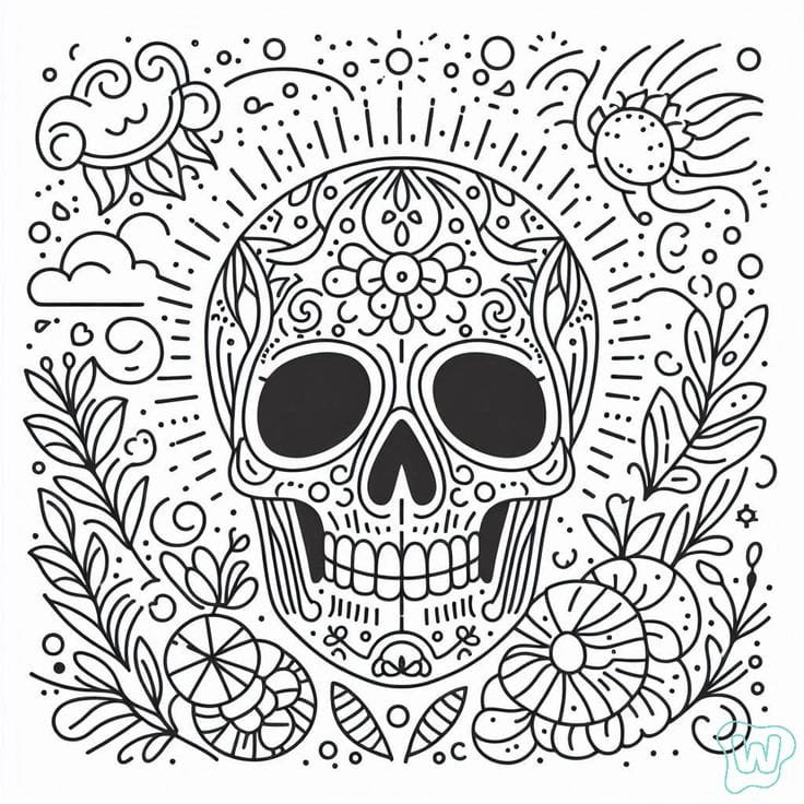 Calavera decorada con flores y patrones artísticos.
