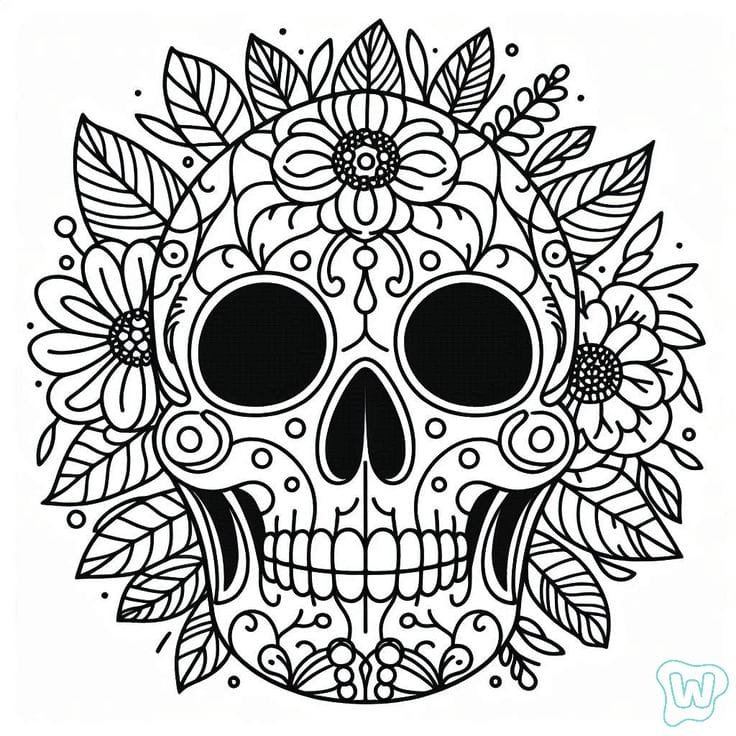 Calavera decorativa con flores y patrones intrincados
