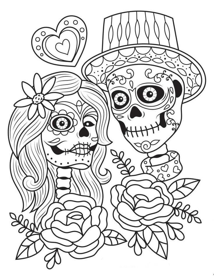 Cráneos decorativos Día de los Muertos, flores y corazones