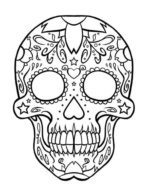 Calavera decorada con patrones florales y estrellas.