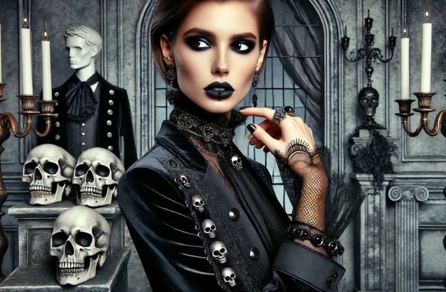 Mujer gótica en habitación con calaveras y candelabros