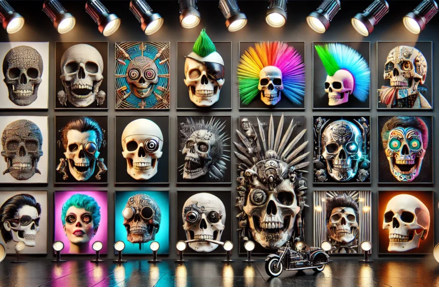 Galería de cráneos decorativos iluminados, diversos estilos artísticos.