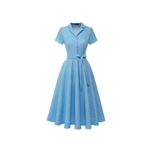Vestido azul con lunares blancos, estilo retro femenino.