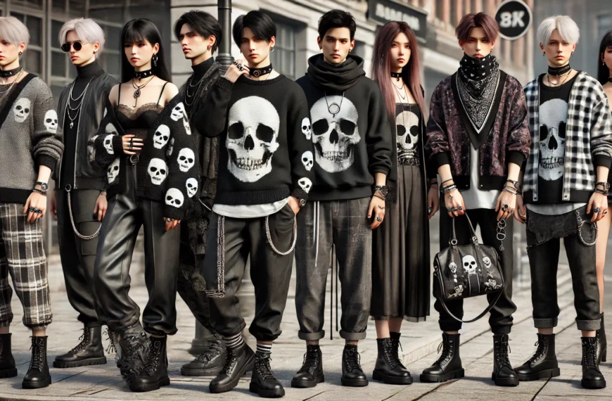 Grupo de personas con ropa gótica y calaveras.