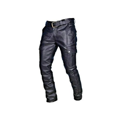 Pantalones de cuero negro con cinturón ajustable