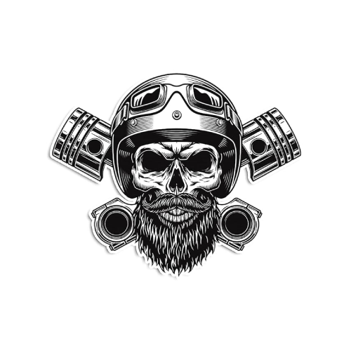 Calavera motociclista con pistones de motor, decoración vintage.