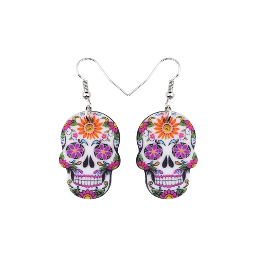 Pendientes calavera decorados con flores, estilo mexicano.