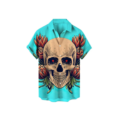 Camisa turquesa con calavera y flores.