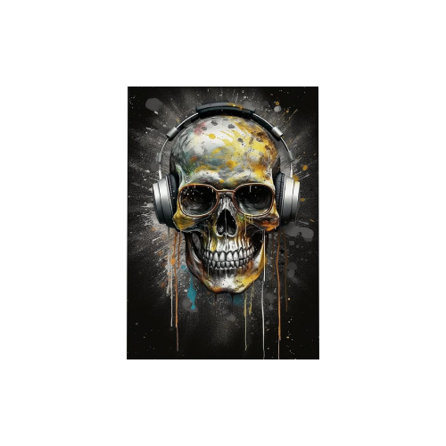 Calavera colorida con auriculares y salpicaduras de pintura.