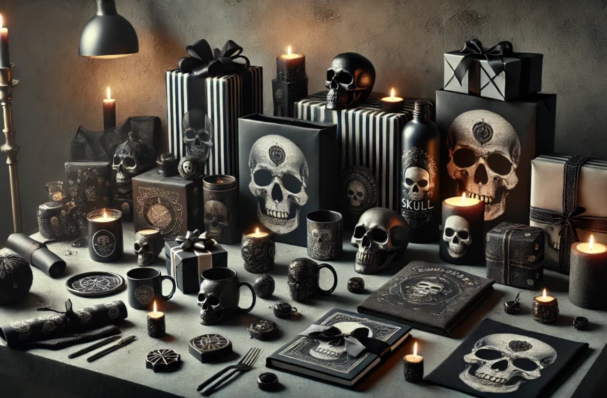 Objetos decorativos con calaveras y velas encendidas.