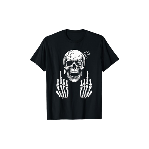 Camiseta negra con calavera y manos esqueléticas