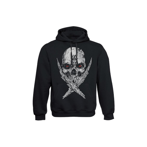 Sudadera negra con calavera y huesos cruzados.