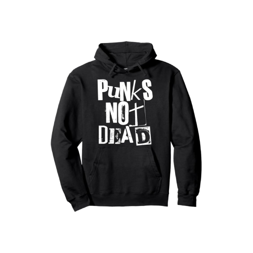 Sudadera negra con texto 'Punks Not Dead'.