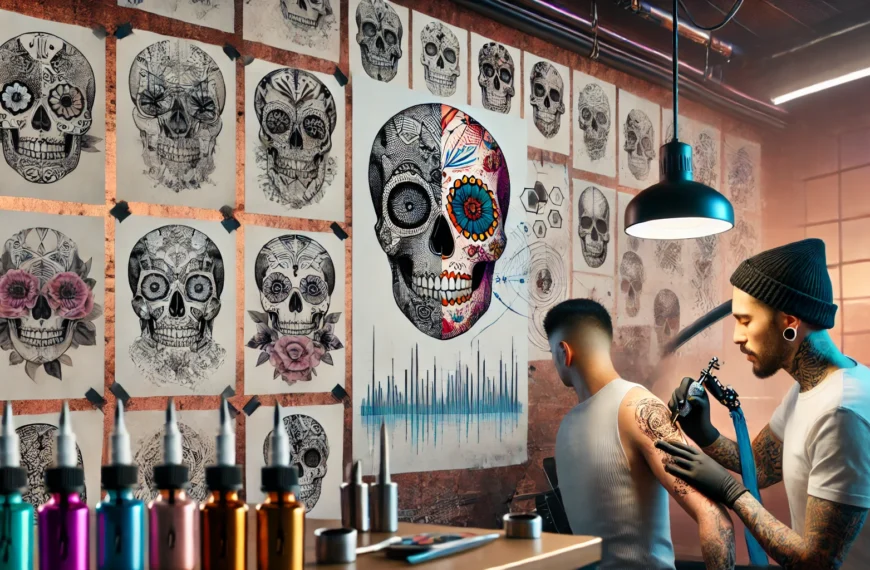Tatuador trabajando en diseño de calaveras en estudio.