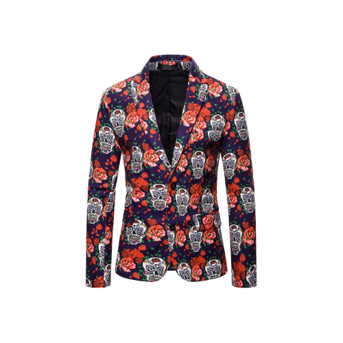 Chaqueta floral con calaveras, fondo oscuro