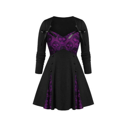 Vestido negro y morado con calaveras decorativas