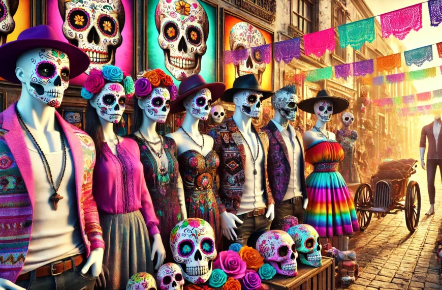 Maniquíes calaveras con trajes coloridos, decoración mexicana.